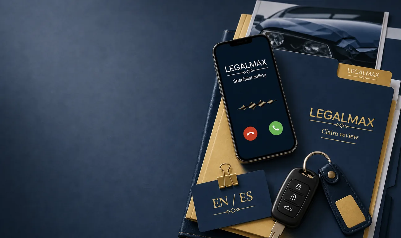 LegalMax llamando a un cliente tras un accidente — carpeta de revisión de reclamo, llaves del auto y tarjeta bilingüe EN/ES